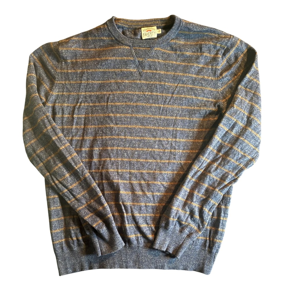 Faherty Striped Crewneck Sweater Mens Small Blue Brown Cotton Cashmere Blend